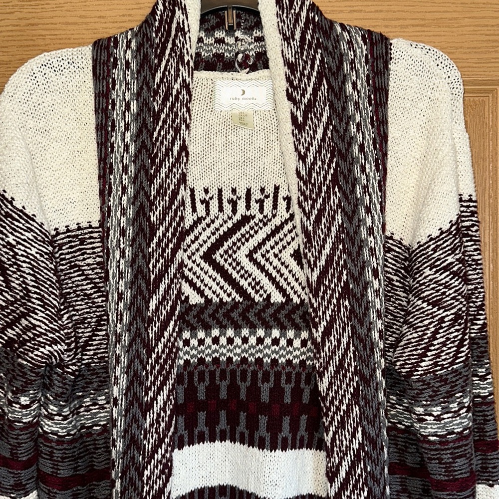 Long open front cardigan burgundy/gray/cream print with tassels - Picture 3 of 4